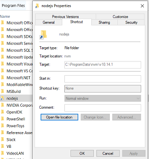 Properties of the nodejs link in Program Files
