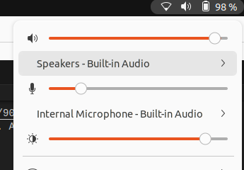 Ubuntu tray opened, showing input and output device selectors