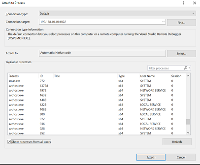 Visual Studio - Attach to Process dialog